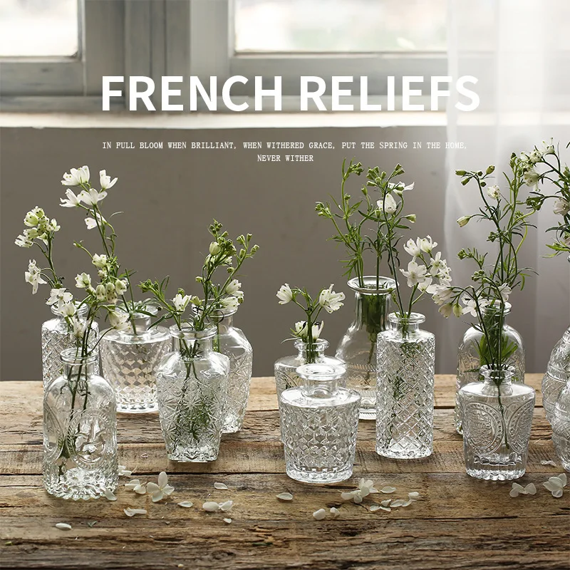 

Retro Luxury Embossed Transparent French Glass Vase Home Decoration Living Room Pocket Flower Arrangement Small Vase