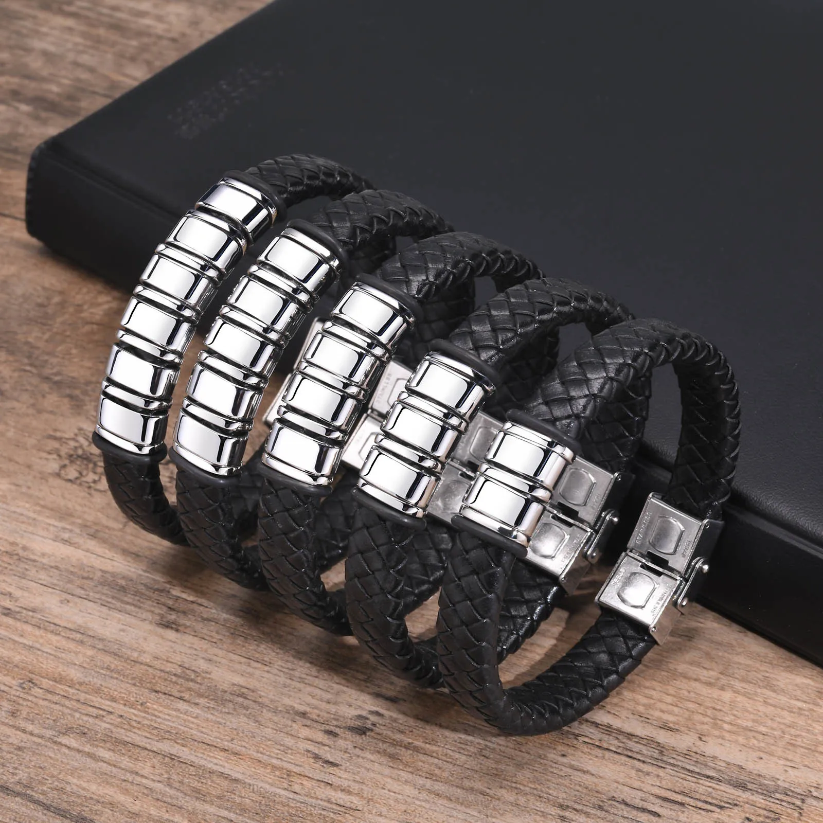 Custom Beaded Braided Bracelets For Men Leather Stainless Steel Black Silver Color Personalized Bangle Name Family Member Gift