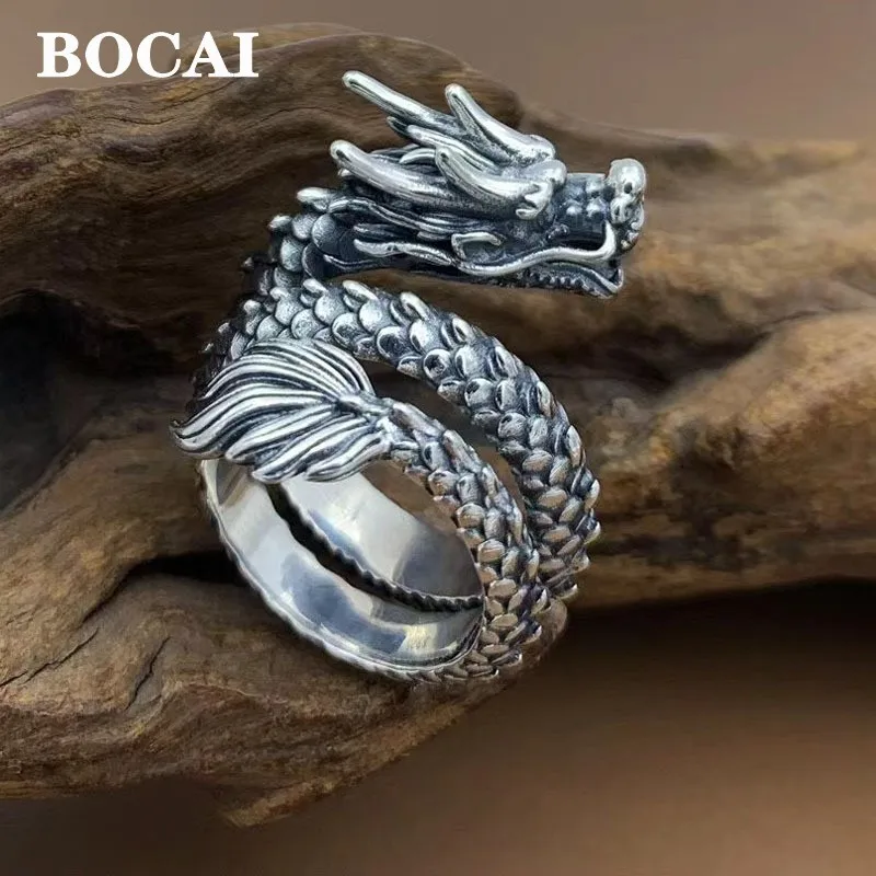 

BOCAI S925 Silver Jewelry New Personality Zodiac Chinese Loong Retro Punk Three-Dimensional Dragon Head Ring for Man Wholesale