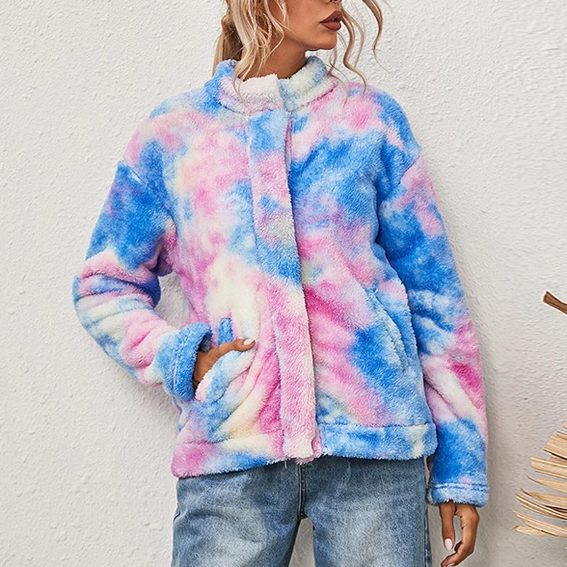 Tie Dye Hoodie Jacket Vintage Women Print Plush Jacket Korean Coat 2024 Long Sleeve Hooded Single-breast Oversized Streetwear