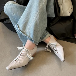 2025 New Spring Autumn Genuine Leather Lace Up Pumps Retro Women Square Toe High Heel Casual Pumps Young Ladies Daily Walk Shoes