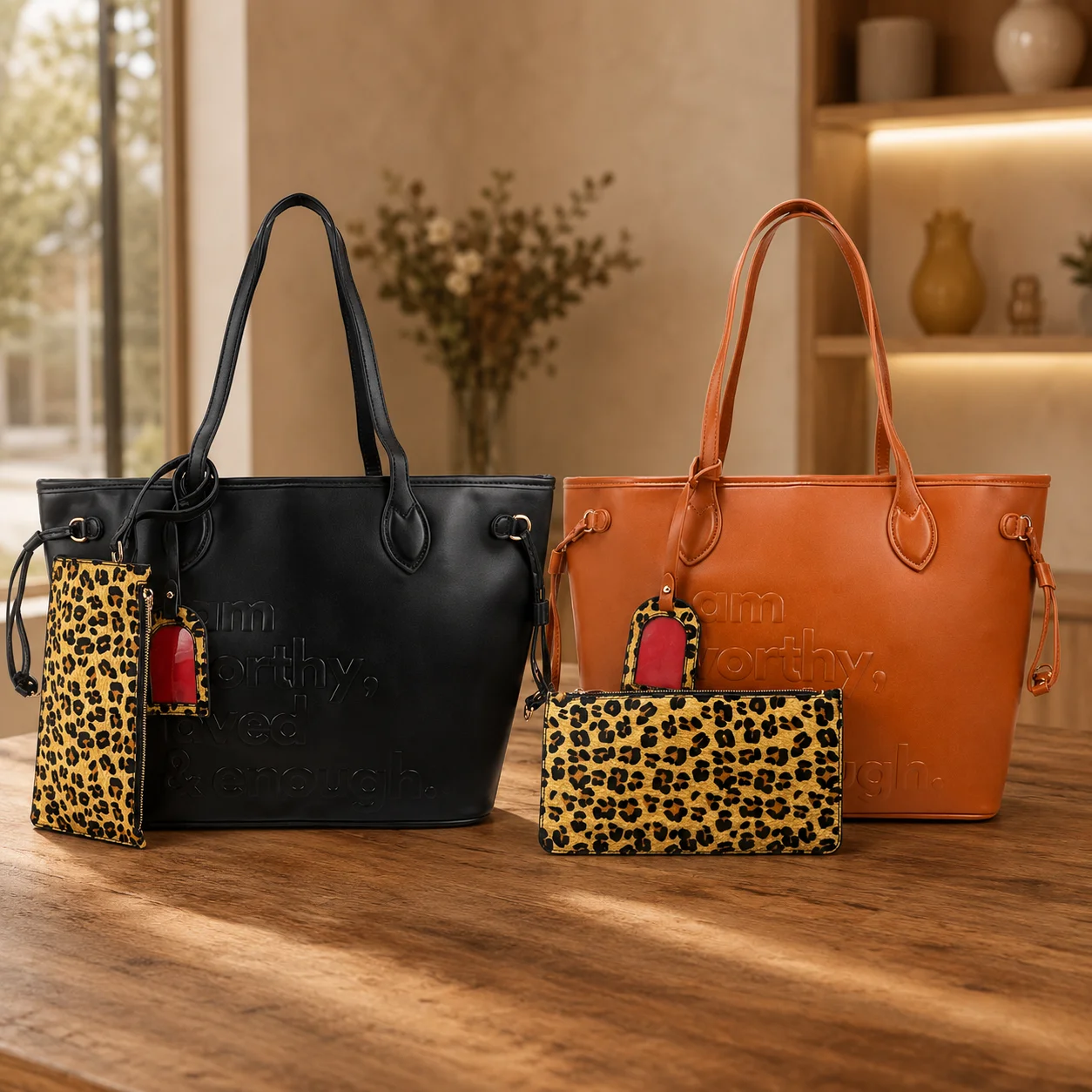 Women 2Pcs PU Leather Tote Bag Set with Leopard Print Clutch Large Capacity Shoulder Handbag for Work Daily Shopping