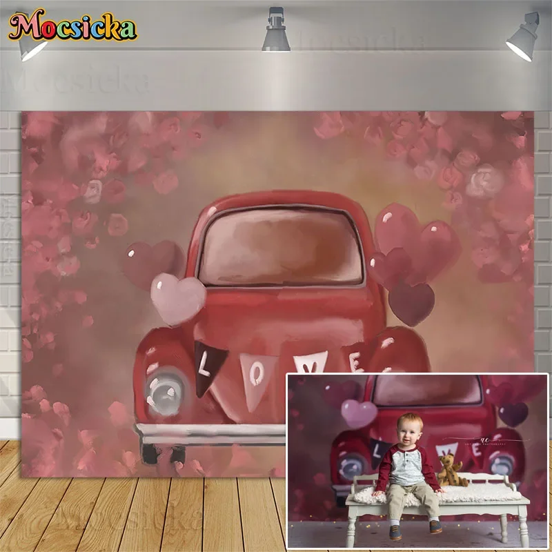 

Love Red Car Valentine's Day Photography Backdrops Pink Flowers Decor Kids Birthday Portrait Cake Smash Background Photo Studio