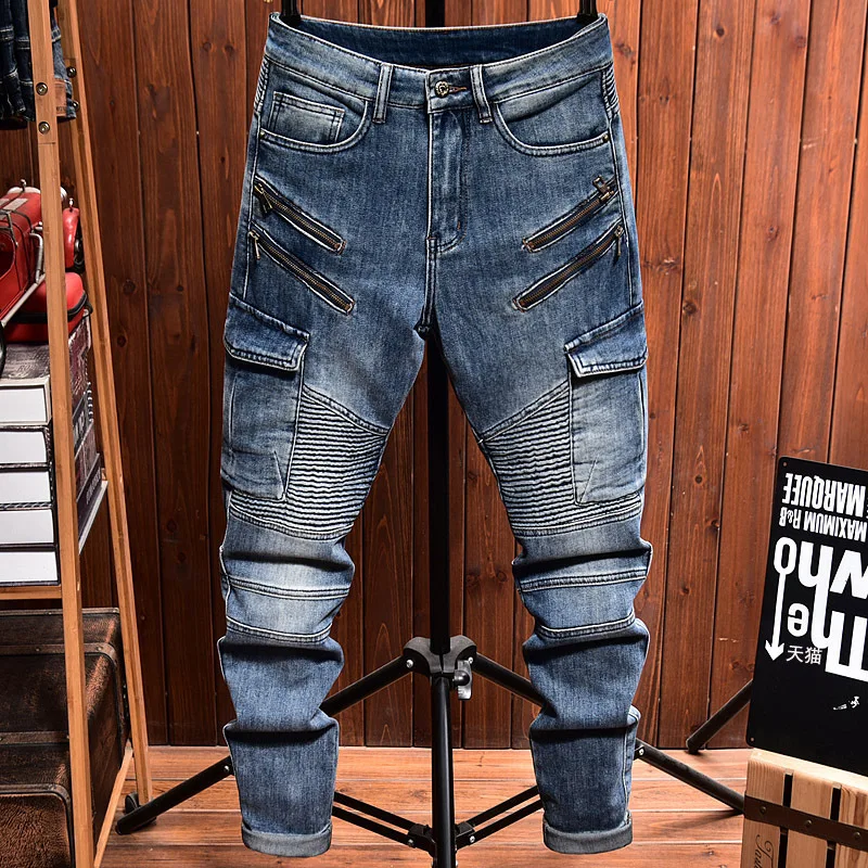 

New men slim fit jeans with zipper decoration straight tube multiple pockets high-end elastic motorcycle biker casual denim pant