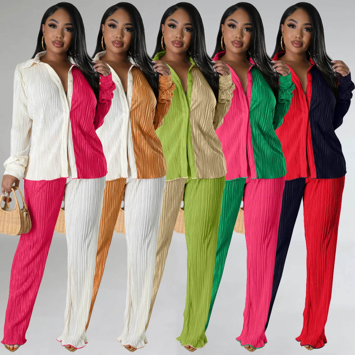 

Blouse And Pant Two Piece Set Outfits 2023 Women Fall Winter Fashion Clothes Elegant Luxury Ladies Pleat 2 Piece Pant Suit Sets