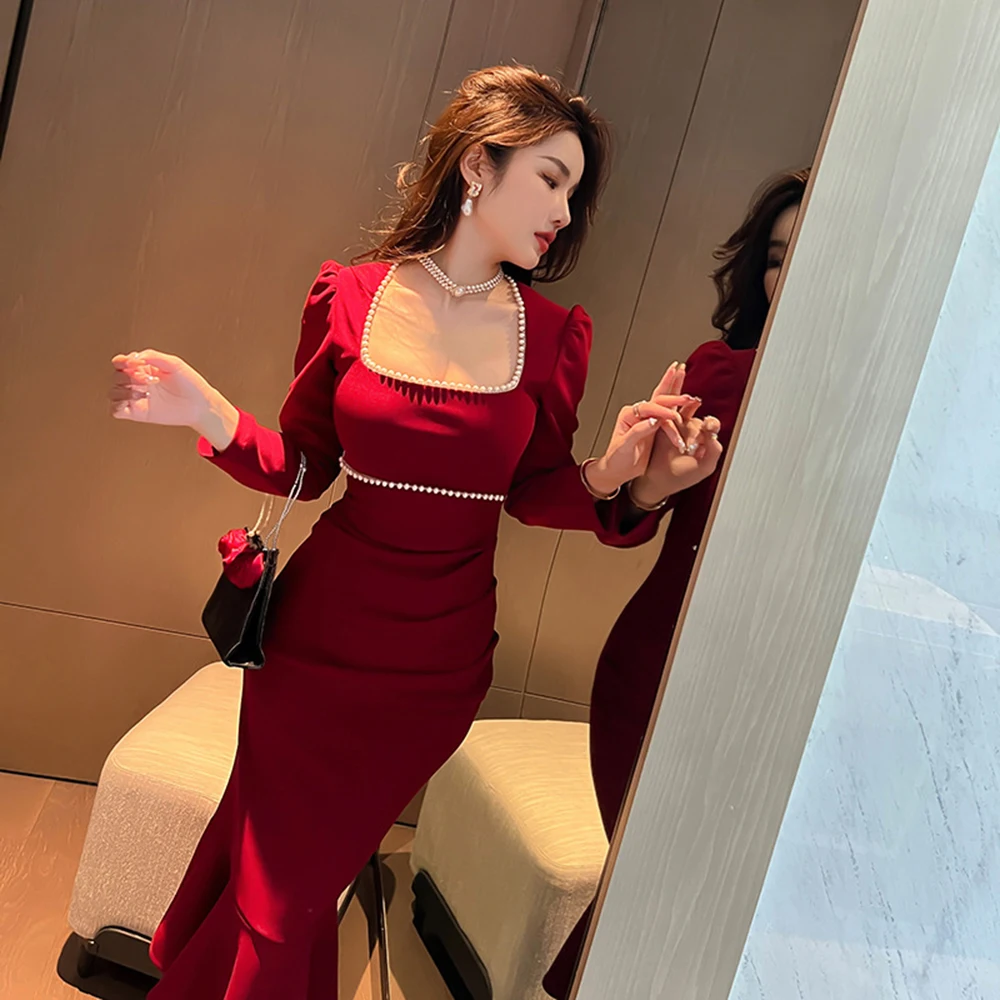 2024 Autumn New Elegant Women's French-Style Studded Square Neckline vestido Waist-Cinching Slimming Mermaid Long-Sleeve Dresses