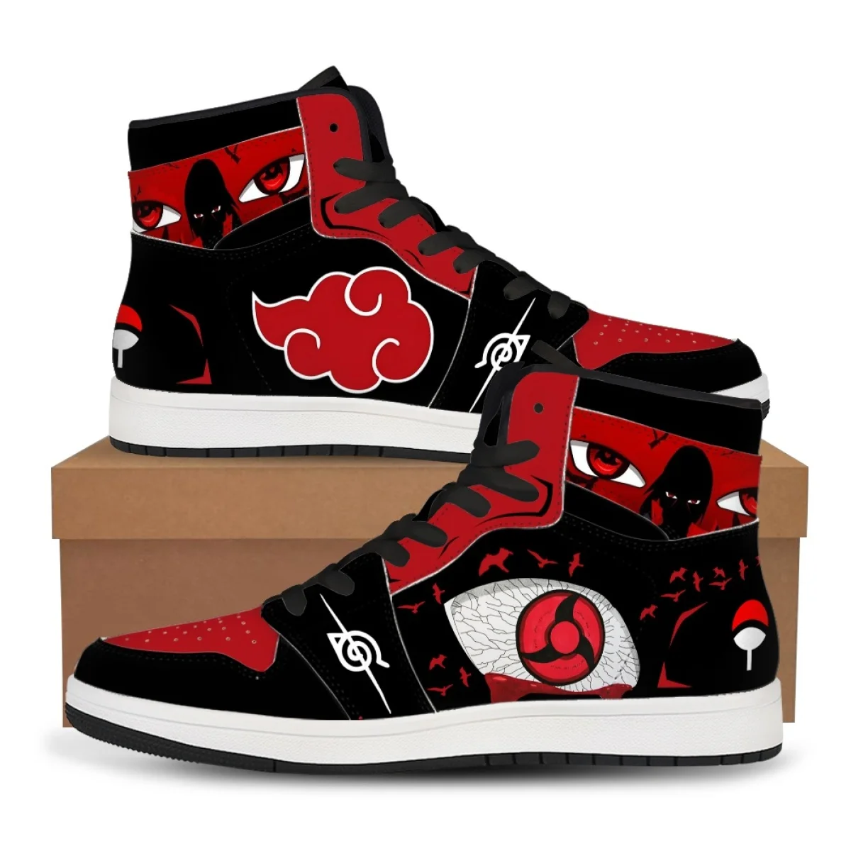 Naruto Kurama Nine Tails Full Body Demon Fox Print High Top Sneaker Shoes Brown Black Color Block Sharingan Eye Detail Anime Bas view 4