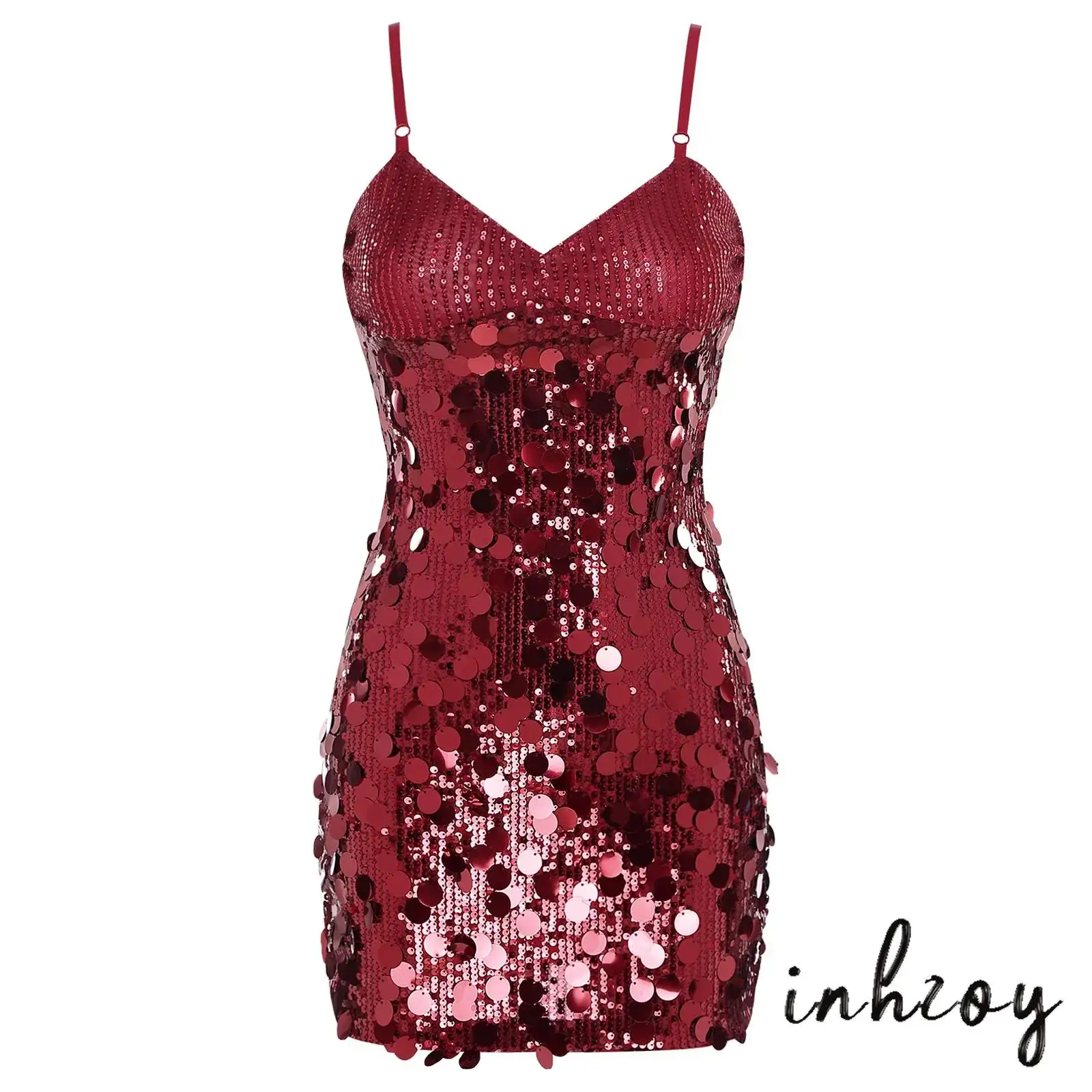

Womens Glittery Sequined Mini Dress V Neck Fully Lining Bodycon Sling Dress for Homecoming Party Club Proms Weddings