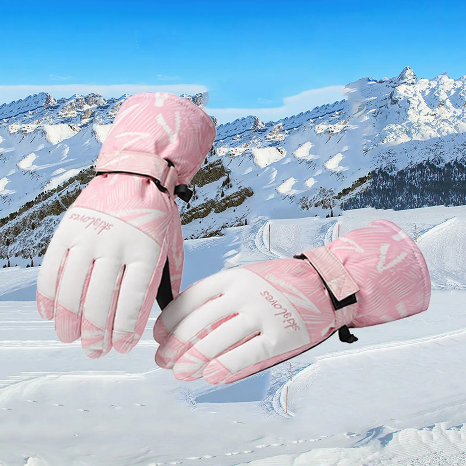 Winter New Warm Ski Gloves Winter Women's Autumn Windproof Riding Climbing Outside Touch Screen Printing Pink Long Gloves