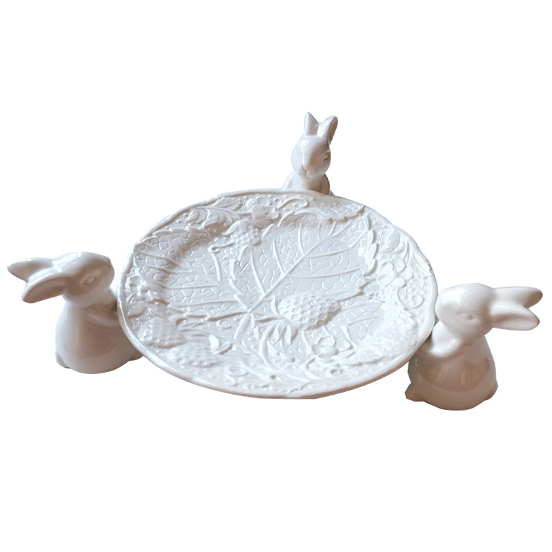 

Ceramic Fruit Tray Delicate Embossed Rabbit High Foot Tray
