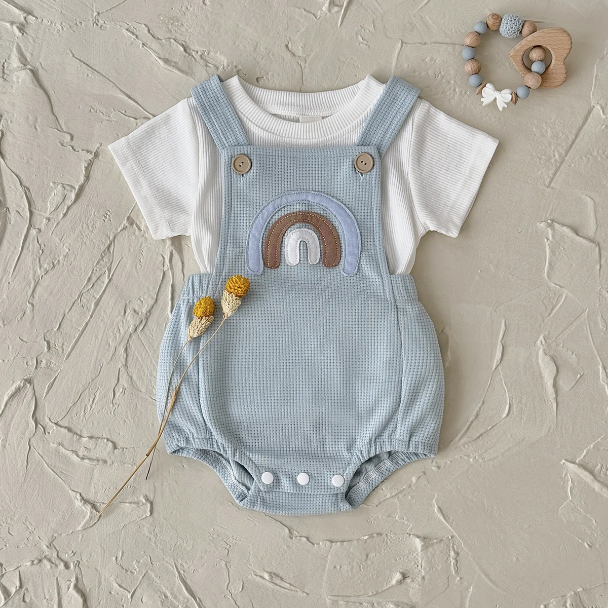 Neugeborenen-Babykleidung für Jungen, Sommer-Mädchenset, Regenbogen-Patch-Overall, Strampler + Kurzarm-Shirt, 2-teiliges Set – Detail 5