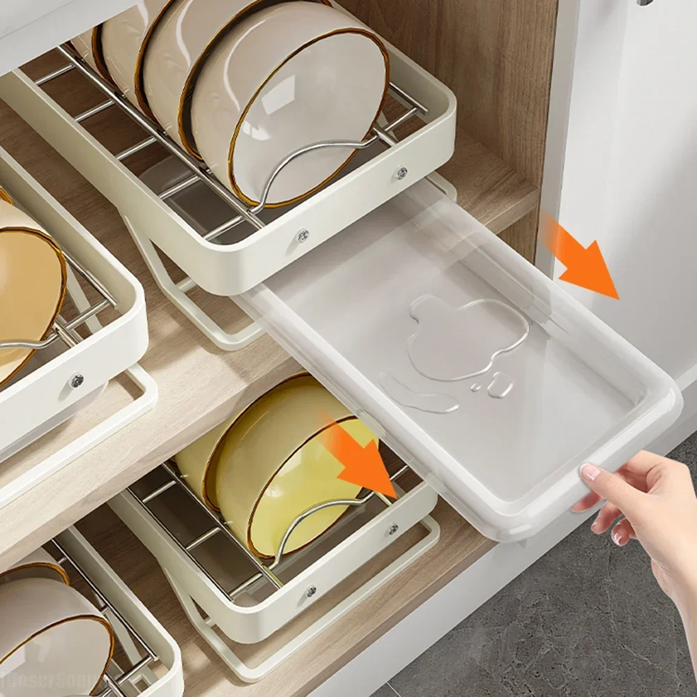 

Kitchen Holder Stainless Steel Pull Out Built-in Bowls Dishes Bowl Dish Storage Rack Partition Storage Sink Cabinet Tableware