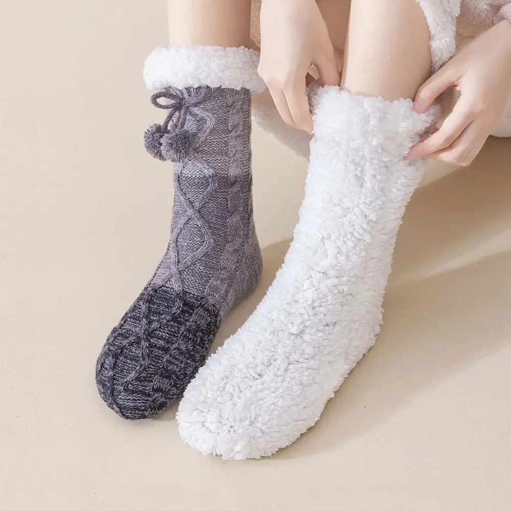 Simple Patchwork Thick Thermal Socks Anti Slip Knitted Fleece Socks Women Warm Hosiery Winter Strip Socks Indoor