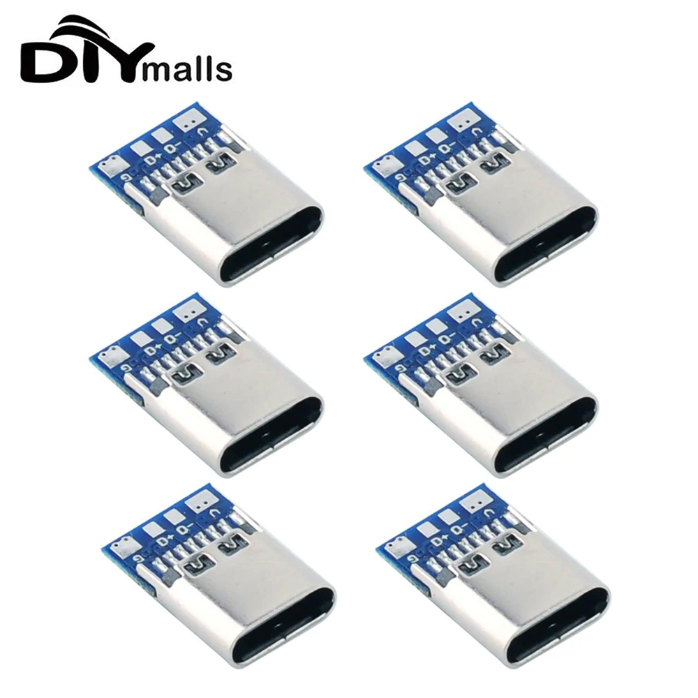 6PCS USB 3.1 Type C Connector Simple USB C Socket Breakout 14 Pin with Board Socket Female Solder Wires Fast Charging Interface