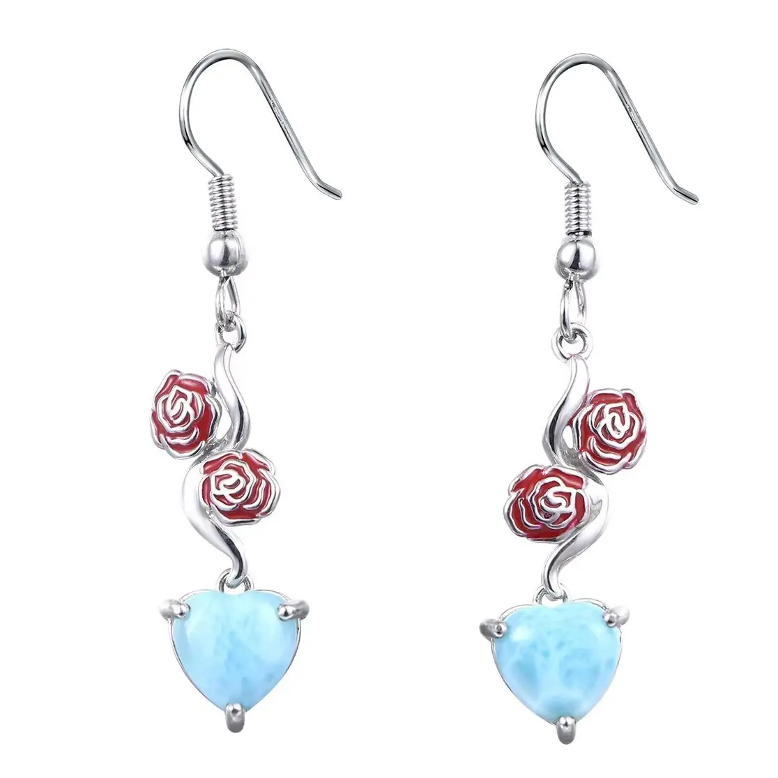 

​Exquisite Rhodium Plated 18K Gold Earrings, Handmade Blue Larimar Heart with Red Enamel Rose, Fashion Drop Hoop Earrings