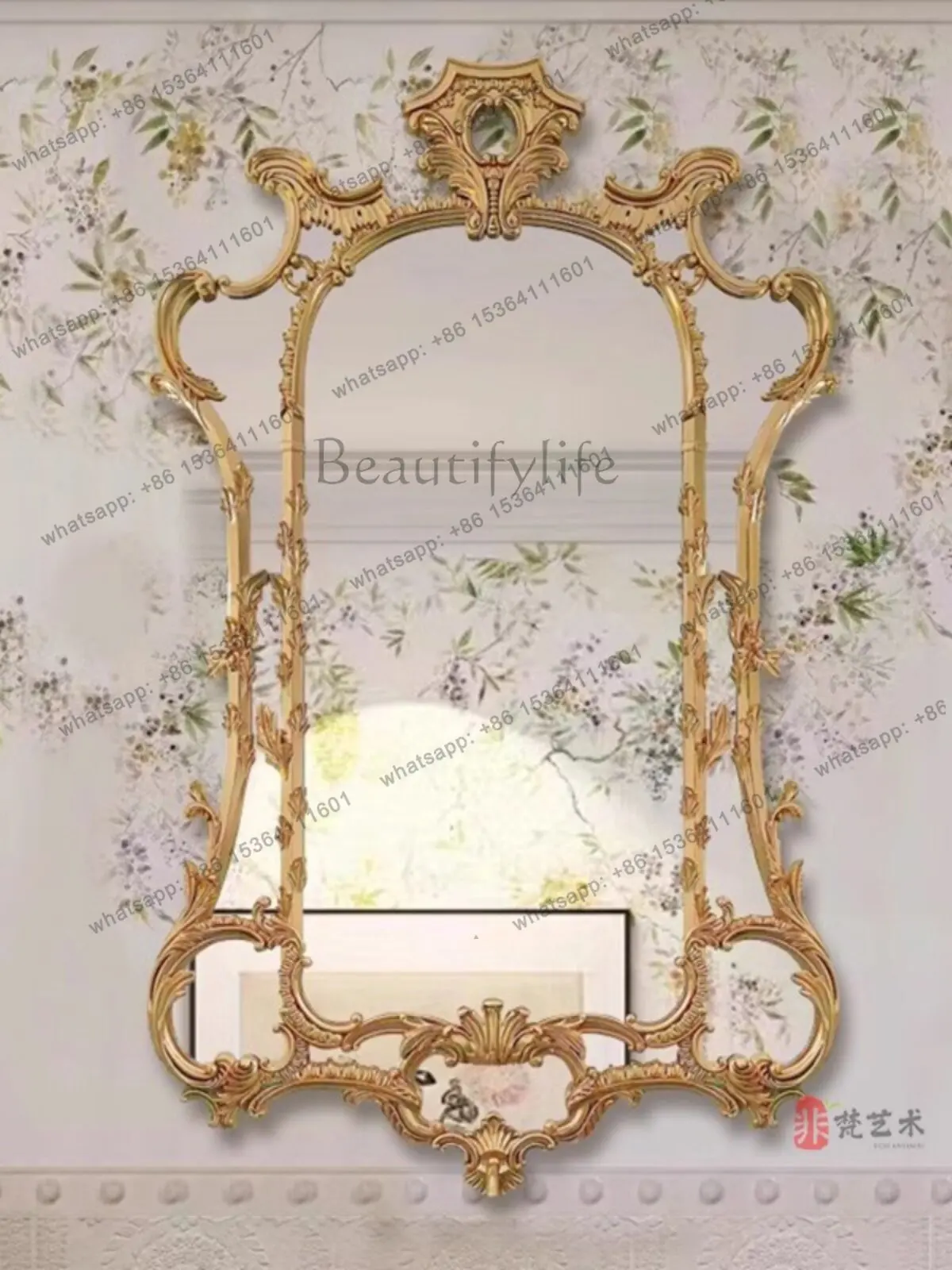French light luxury bathroom mirror wall hanging household carved retro old decorative mirror