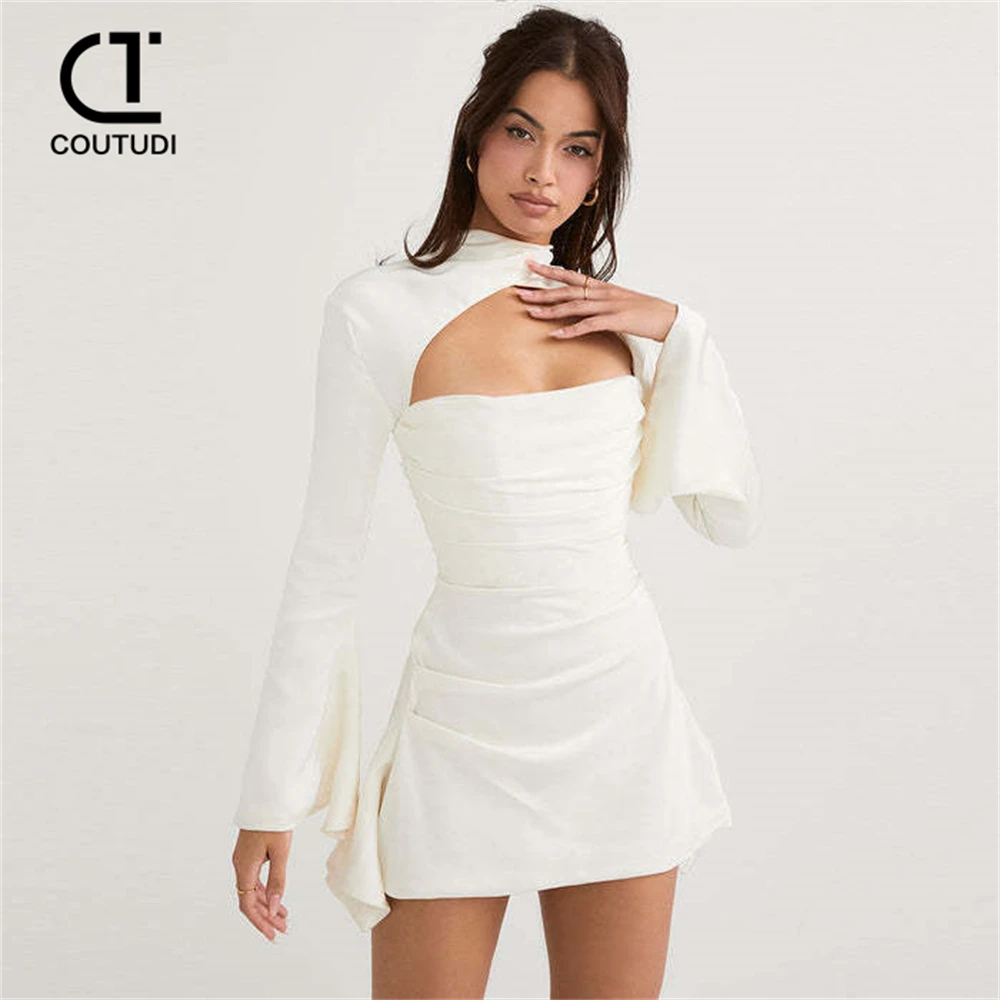 COUTUDI-vestido de satén de manga larga para mujer, vestido de noche blanco Sexy, vestido de noche para invitados de boda, Mini vestido drapeado para fiesta, vestido de cumpleaños