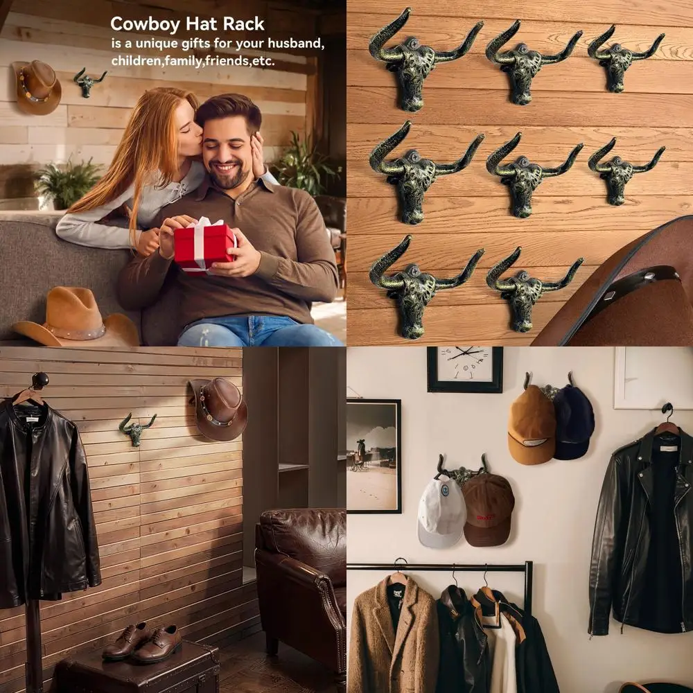 

Wall Mounted Cast Iron Cowboy Hat Rack, Western Style Hat Organizer with Hooks for Bedroom Decor