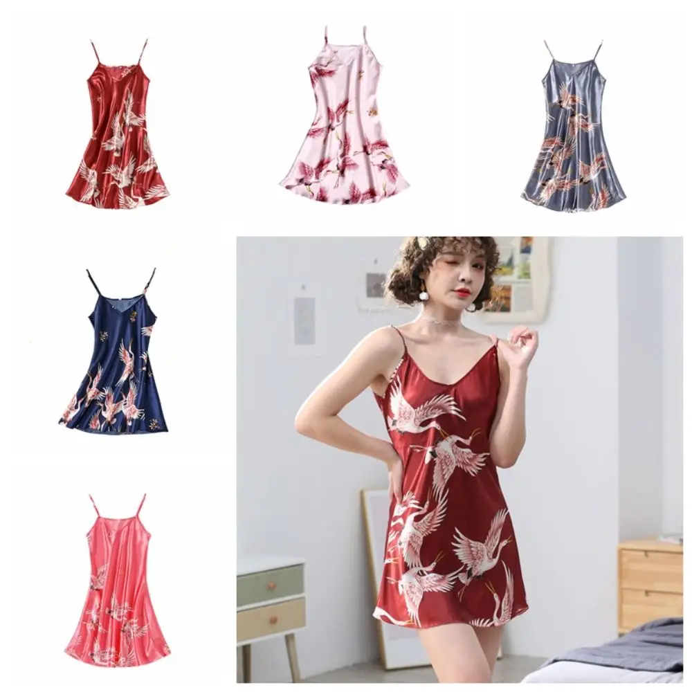 

Red-crowned Crane Women's Pajama Dress Chinese Style Sleeveless Ice Silk Suspender Nightdress Homewear Party Dress