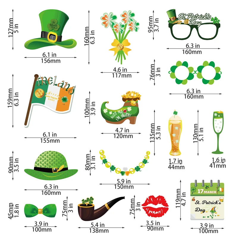 35pcs/lot St Patrick's Photo Booth Props Green hat flowers glasses on a  stick St Patrick's day Party decoration