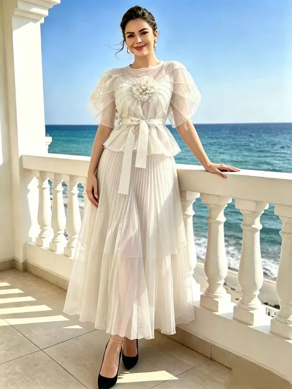 Miyake Organza New 2026 Heavy Industry Two-piece Set Thin Top Round Neck Skirt Set Long Skirt Women's Clothing