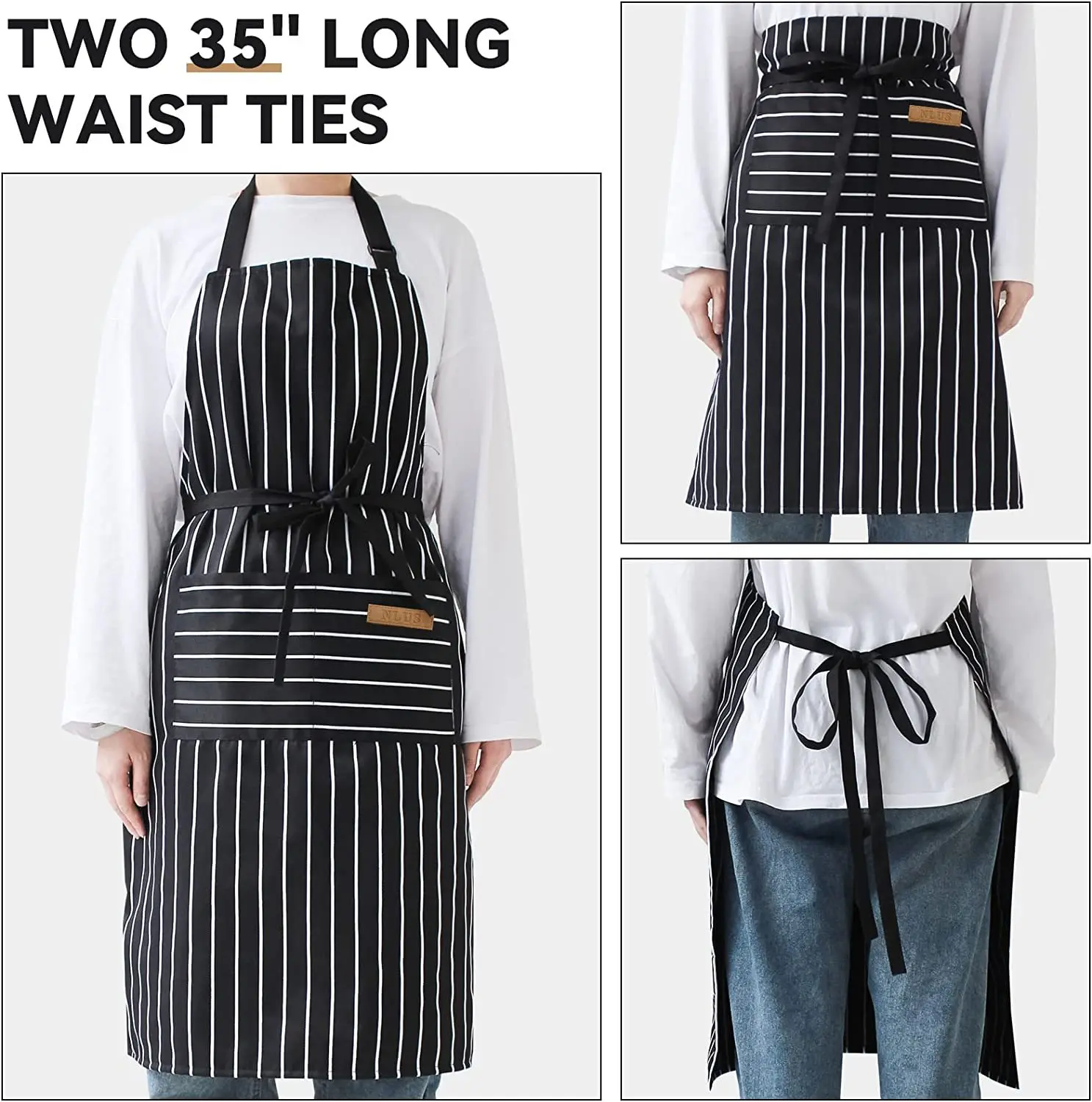 White Black Striped Man Woman Home Restaurant Kitchen Baking Nail Bib Oil Repellent Work Apron 2 Pockets Adjustable Clean Apron