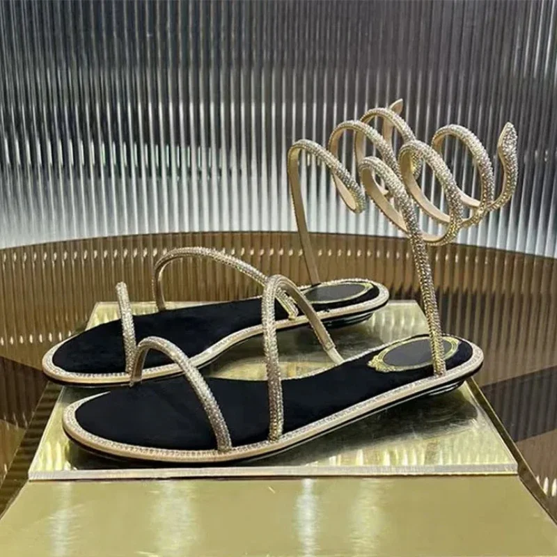 

2025 Fashion Women Summer Gladiator Sandals Flat Heels Twine Around Ankle Strap Gladiator Sandal Wedding Beach Slides Rhinestone