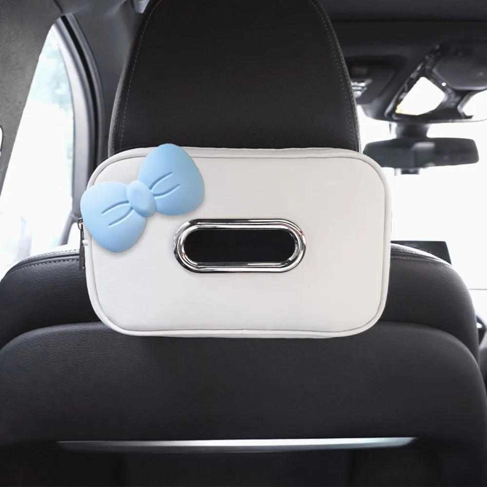 

PU Leather Car Tissue Box Zipper Bowknot Car Napkin Holder Multifunctional with Fix Strap Car Seat Back Organizer