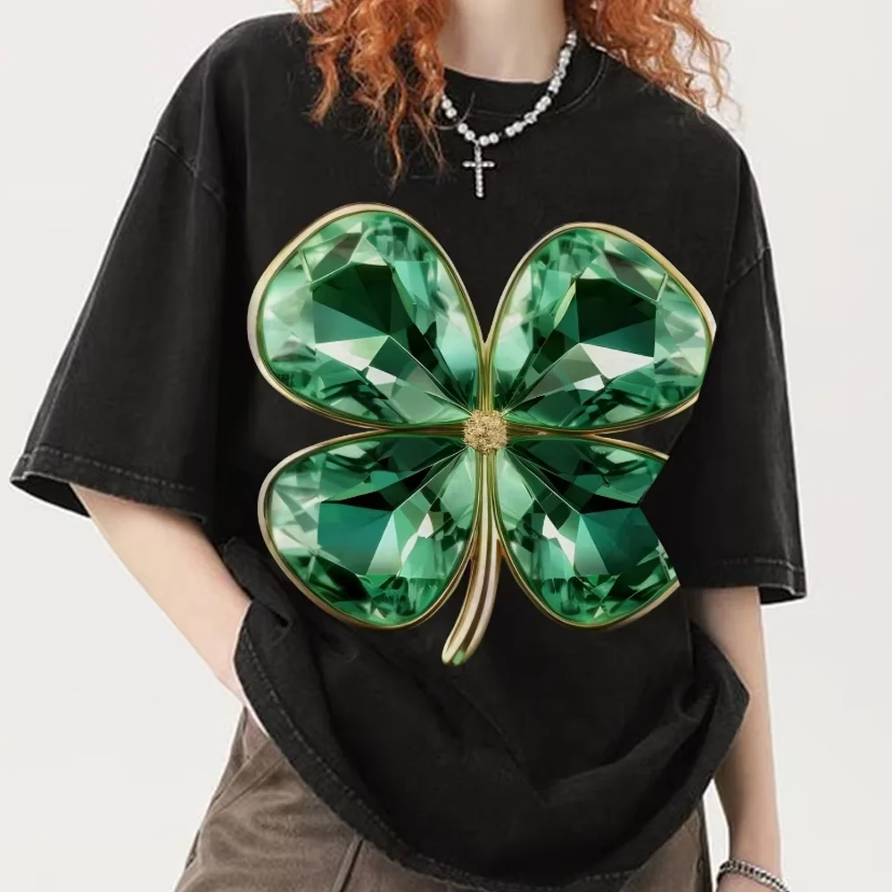 

Y2k Graphic T-Shirt Jeweled Clover Print Lucky Sparkling and Eye-Catching Soft Cotton Fabric for Fortune-Themed Casual Looks