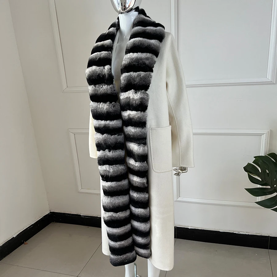 Nuovo cappotto in cashmere da donna misto lana cappotti bianchi lunghi con vera pelliccia collo in pelliccia di coniglio cincillà Rex di lusso