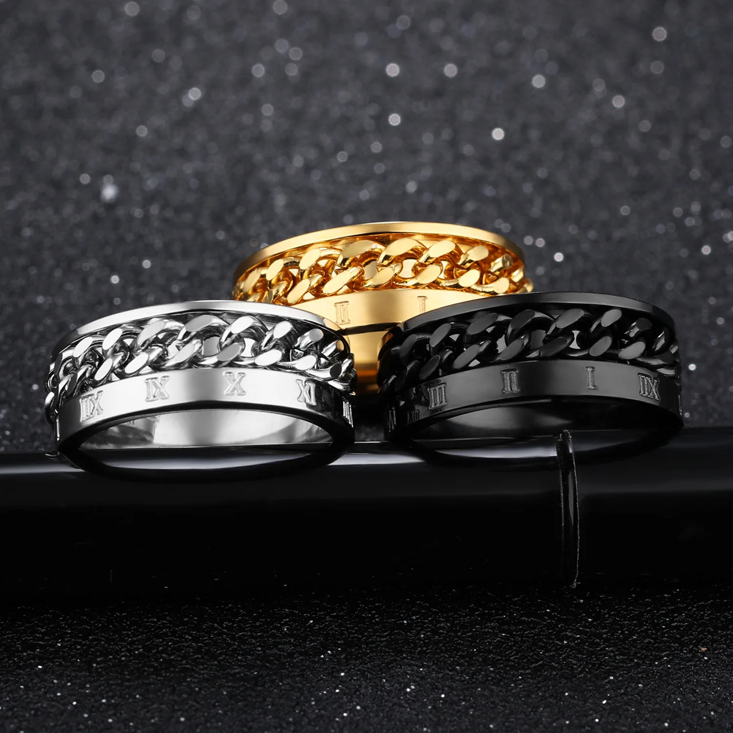 

Men's EDC Stainless Steel Finger Fidget Spinner Ring with Rotatable Chain Classical Roman Digital Power Sense Charm Jewelry Gift