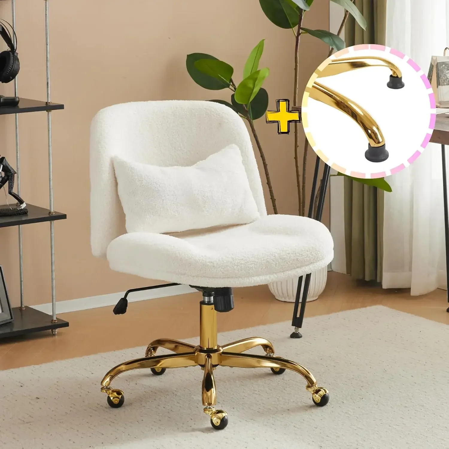 Wide Criss Cross Legged Office Chair,Buttprint Ergonomic Desk Chair Comfy with Pillow&Gold Base,Dual-Use with/no Wheels