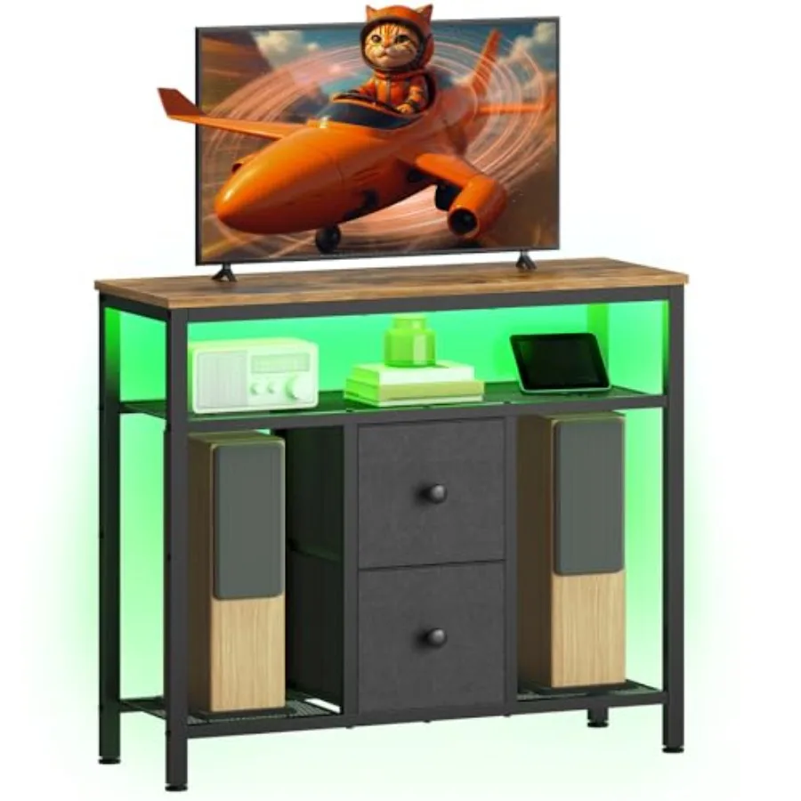 

TV Stand with LED Lights Dresser TV Stand Tall Entertainment Center with 2 Fabric Drawers TV Media Console Table for Living Roo