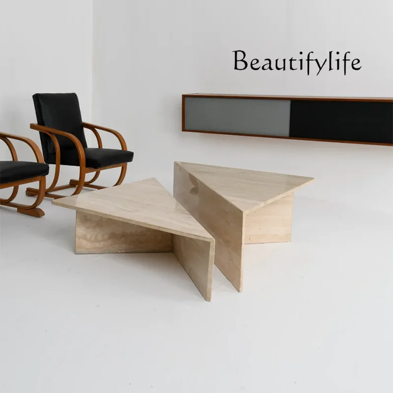 X Italian Light Luxury Natural Travertine Coffee Table Simple Modern Design Wabi Wind Marble Coffee Table High And Low Combinati