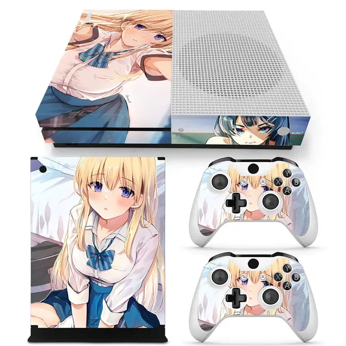Anime meisjes Gratis drop shipping Beschermende vinylsticker voor Xbox One S-console + 2 stuks controllers Skins voor Xbox One S
