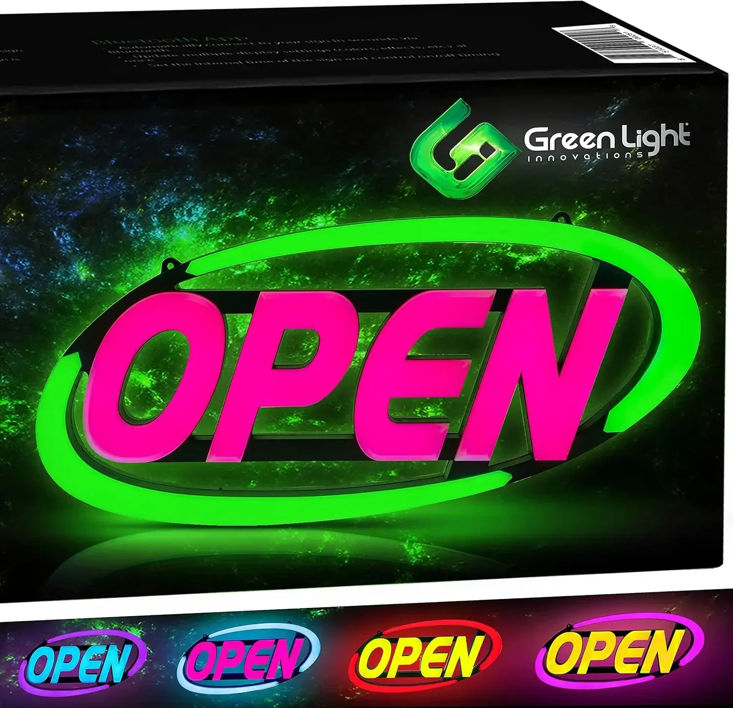 

Super‑Bright LED Open Sign 15×32 in – Programmable with 64 Color Combos via App or Remote – Static, Scroll, Flash & Phase Modes
