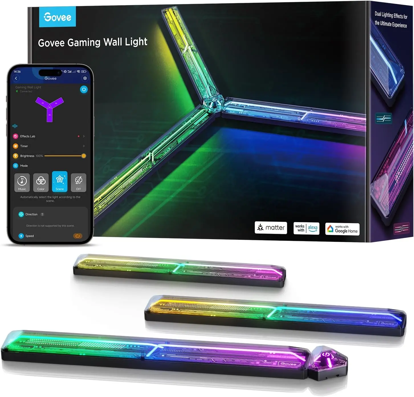 

Игровая настенная подсветка RGBIC, настраиваемые светодиодные эффекты с поддержкой Matter, Alexa и Google Assistant для современных помещений