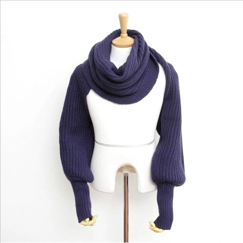 European Style Winter Women Long Scarf with Sleeves Wool Knitted Scarves for Women Thick Warm Casual Shawl High Quality