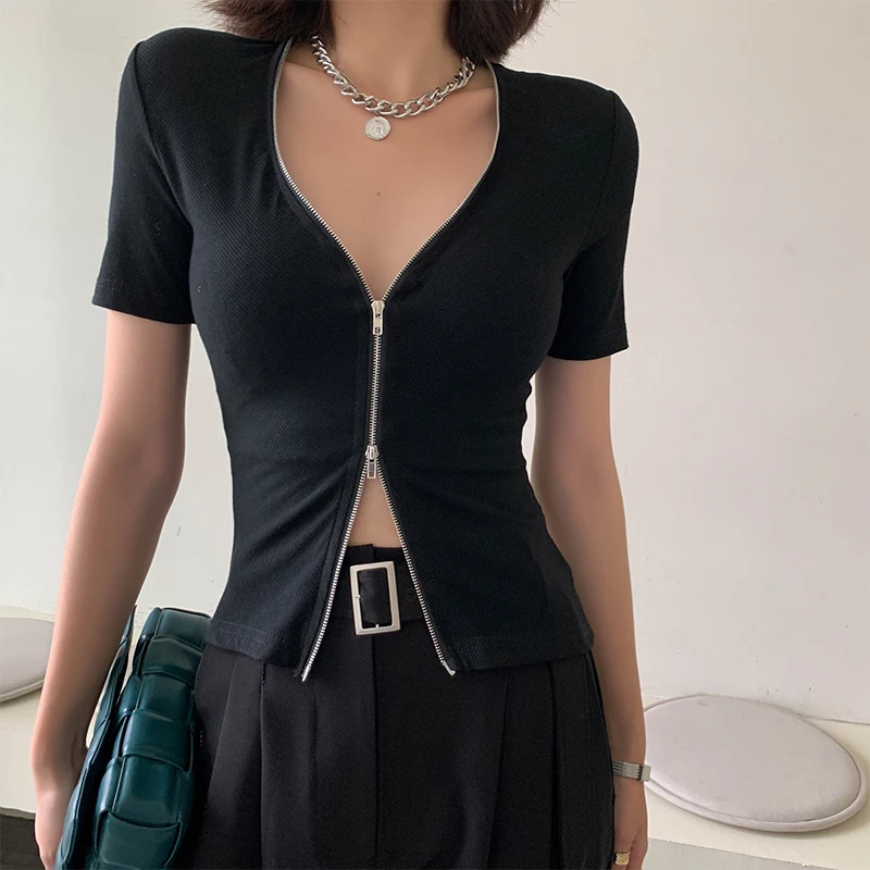 

Slizing Bla Zipper Knitted Pure Color T-irt Women's Slim Fit Cotton V-Ne ort Sve Casual Top for Summer 2025