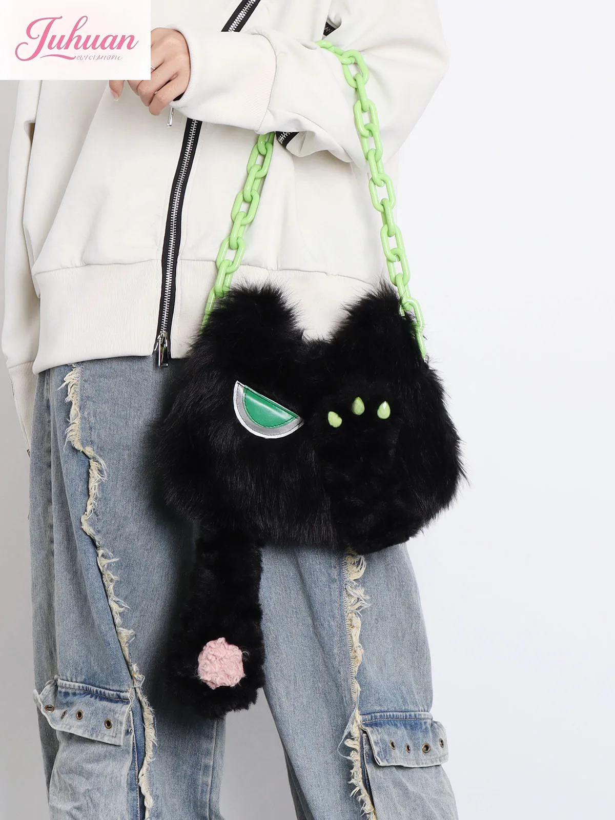 

Cute soft cute face covering small black cat bags autumn new niche design plush student shoulder underarm messenger bag women