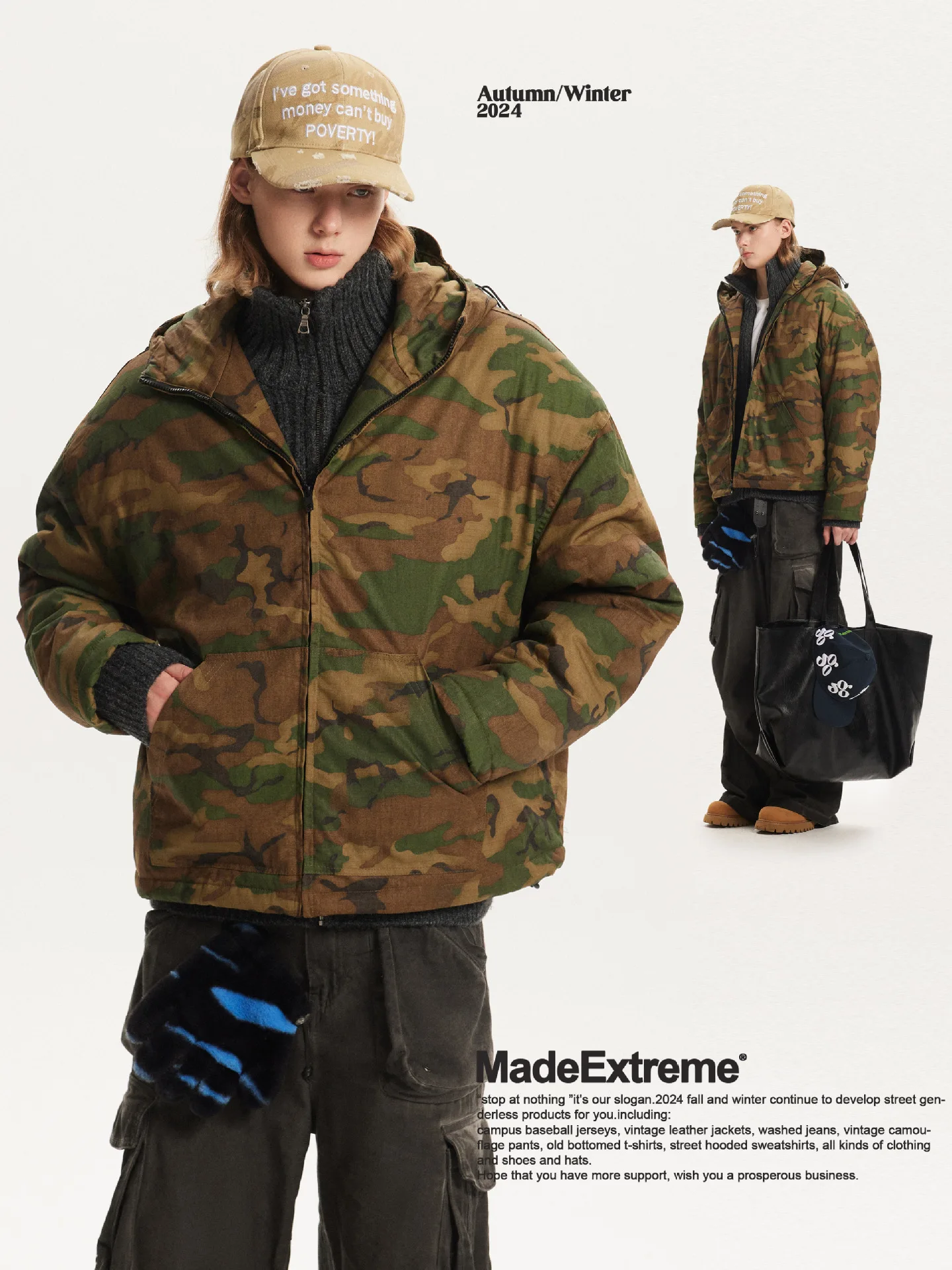 MADE EXTREME Retro Camouflage Puffer Jacket 2024 Autumn and Winter Warm Thickened Hooded Jacket