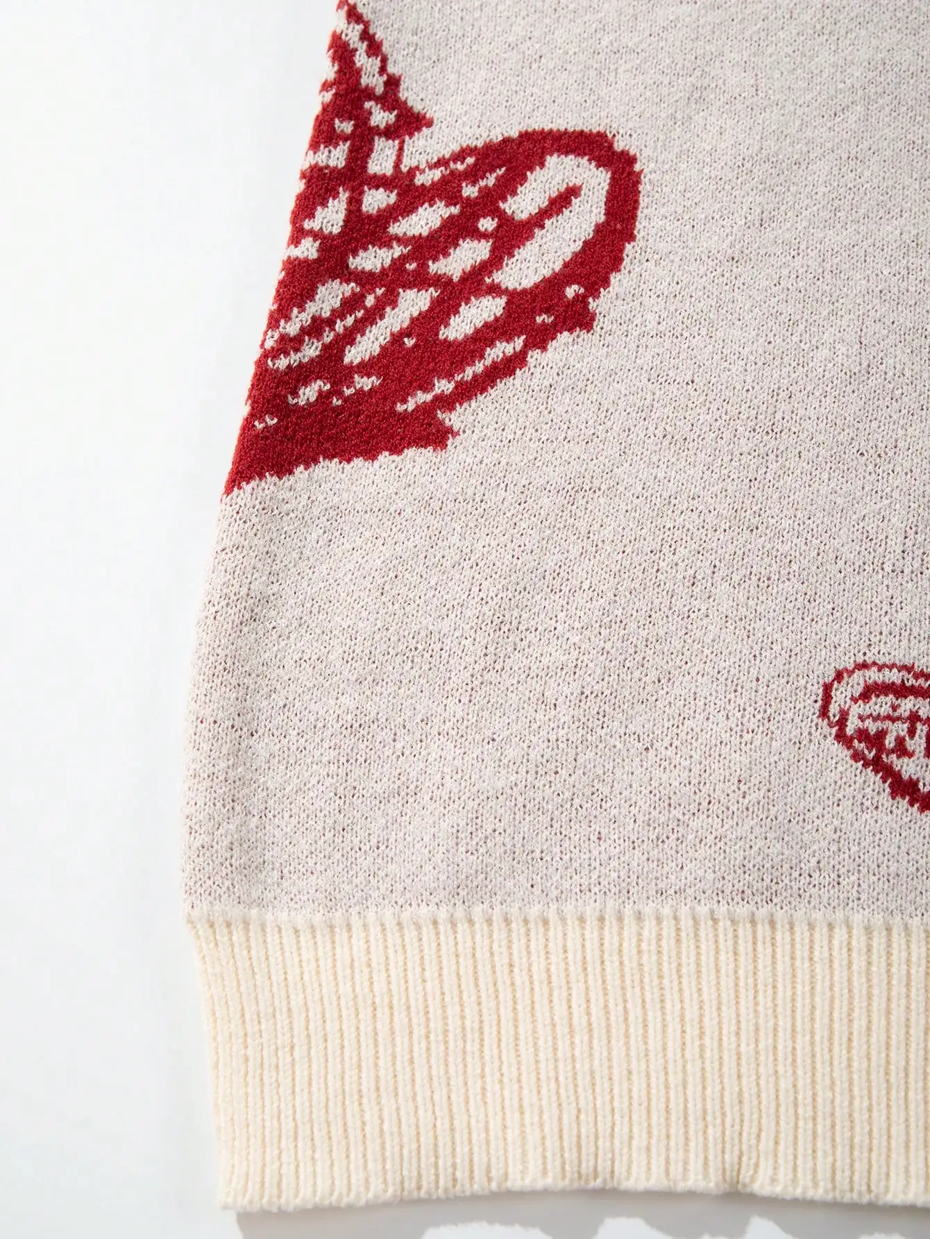 Cream Loose Fit Heart Pattern Jacquard Knit Crew Neck Sweater