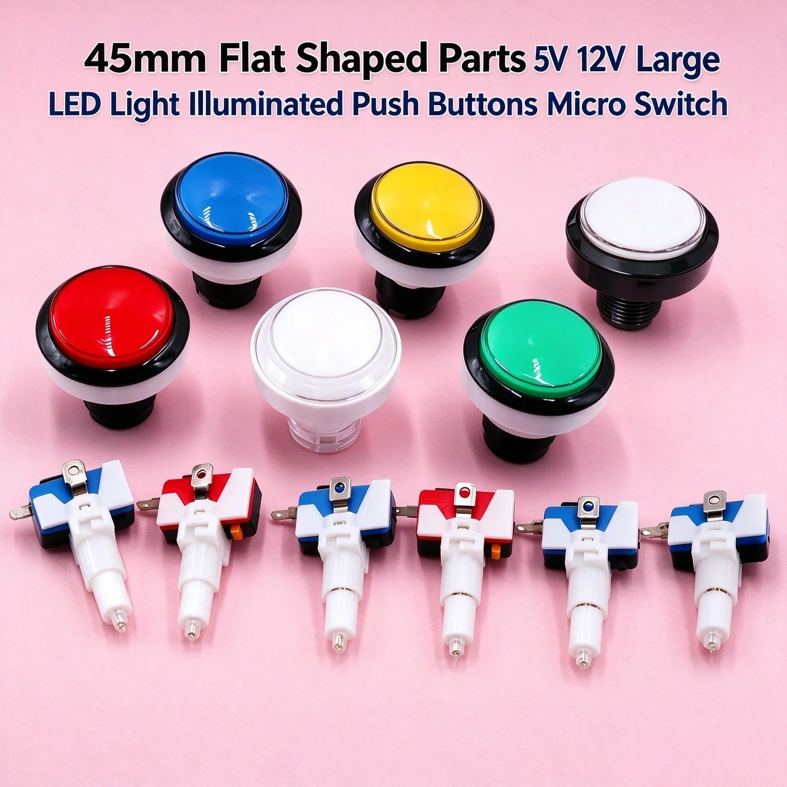 45mm Flat Shaped Parts 5V 12V Large LED Light Illuminated Push Buttons Micro Switch For Arcade Coin Machine Operated Games