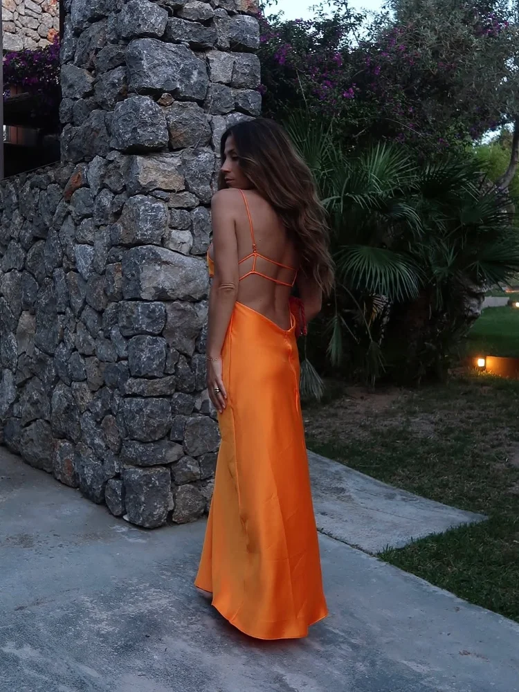 Sexy Butter Yellow Satin Party Dress Summer Women V Neck Backless Cami Straight Dresses 2025 Lady Holiday Street Vestidos New