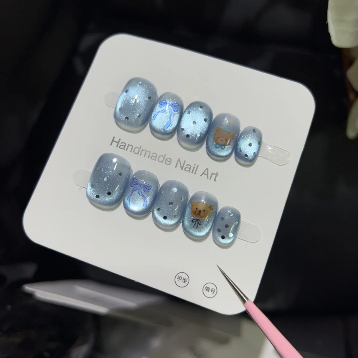 

10PCS Cute Blue Cat Eye Short Square Round Handmade False Nail Sweet Bowknot Polka Dots Design Press on Nail Full Cover Wearable