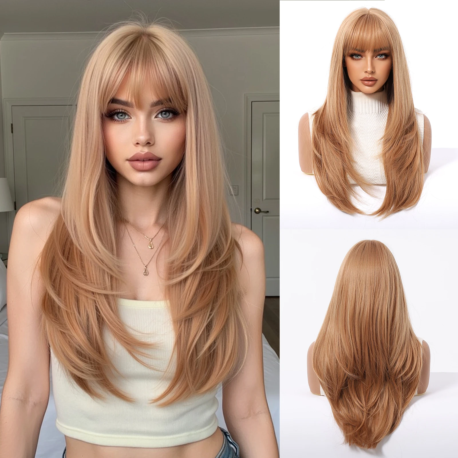 EASIHAIR Lange blonde synthetische Perücken für Frauen, gerade, geschichtete Naturhaar-Perücken mit Pony, hitzebeständige Perücken für den täglichen Gebrauch – Detail 11