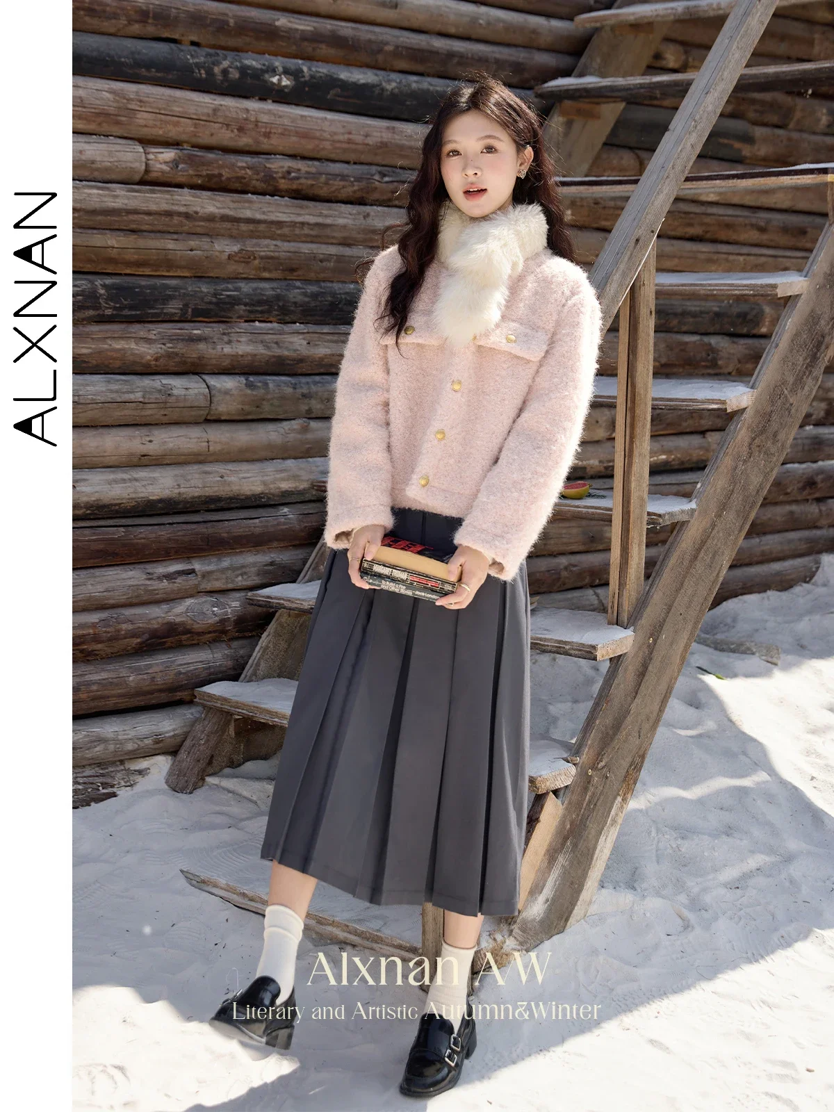 ALXNAN Kurze Mäntel Wolle Verdickte Metall Knopf Oansatz Winter Jacke Lange Hülse Lose-fit Sanfte Eleganz Dame Oberbekleidung L52382