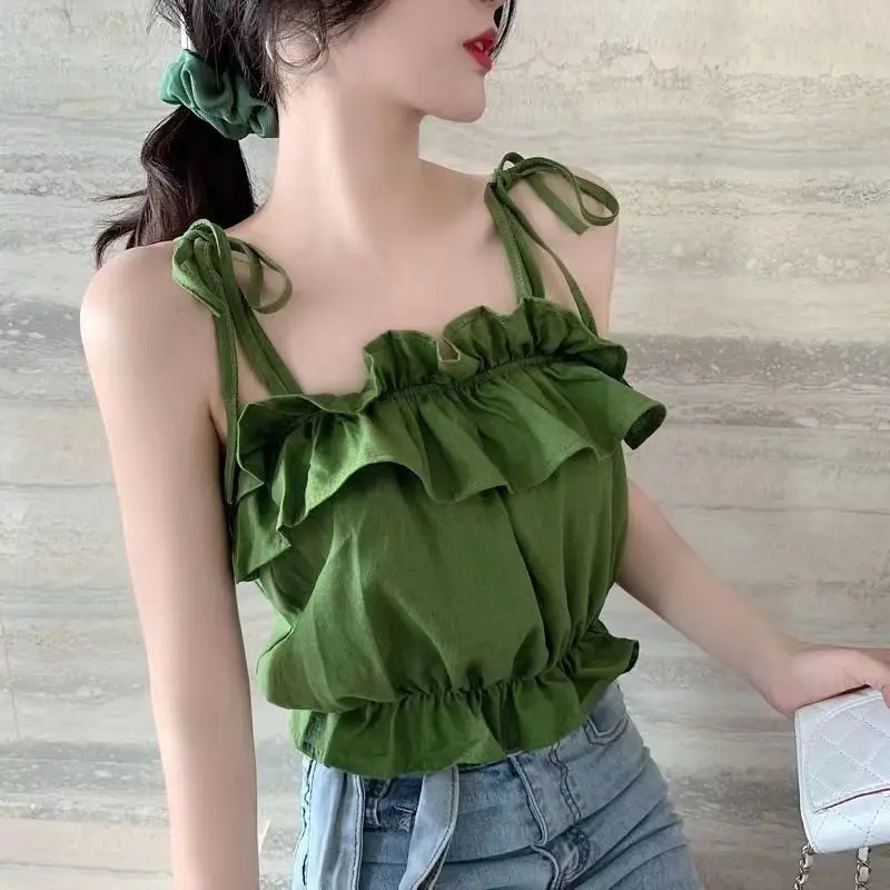 

Camis Women Ruffles Casual Crop Tops Sweet Sexy Design Tender Princess Holiday Summer New Females Girlish Cool Streetwear Club