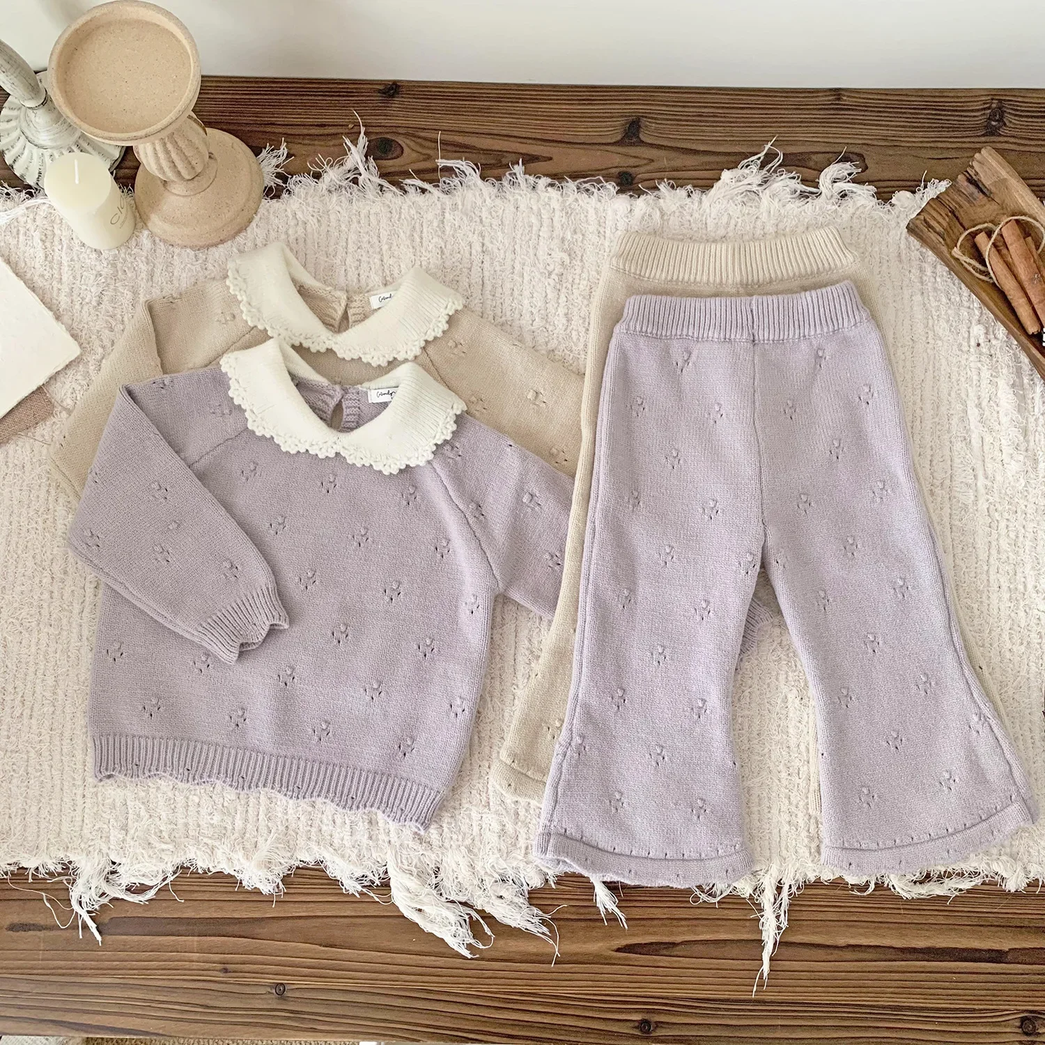 2024 New Winter Toddlers Girls Knitted Sets Pullovers Sweaters Flare Pants 2pcs Korean Style Baby Kids Crochet Outfit