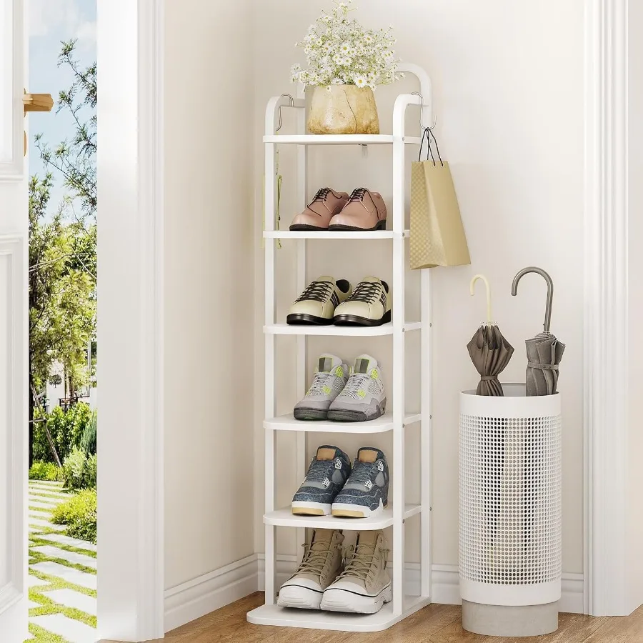 

6 Tiers Vertical Shoe Rack Narrow Shoe Tower Tall Shoes Shelf with 2 Hooks Adjustable Shelves Corner Shoes Shelves for Small Sp